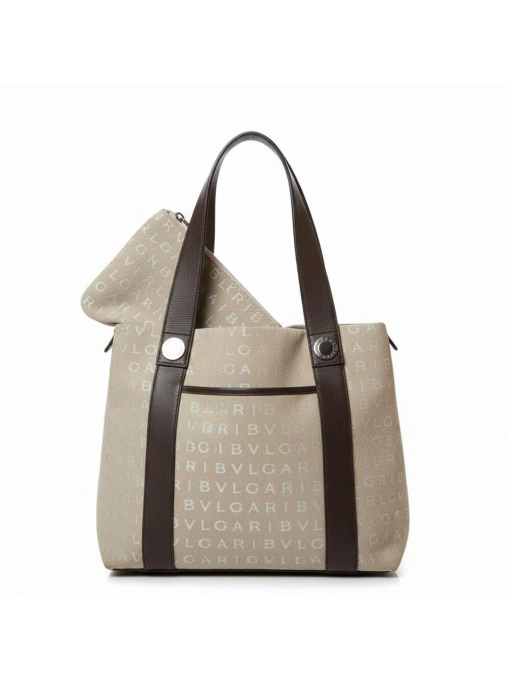 Bvlgari Logomania Medium Tote Bag Cream Beige Canvas Leather Handbag with Pouch